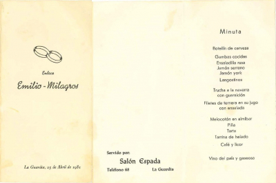 Menú del enlace entre Emilio Orgaz Huete y Milagros Redajo Santiago celebrado en Salones Espada

