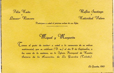 Invitación de boda de hace 50 años
Enhorabuena a Margarita y Miguel por sus bodas de oro que se acaban de celebrar.
