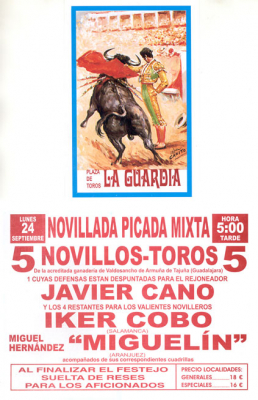 Cartel anunciador de los toros en las fiestas 2007. Extraido de la web de Jose Luis Guzmán
[url=http://www.laguardiatoledo.es.vg/][color=navy][i][b]Web de Jose Luis Guzmán[/b][/i][/color][/url].[/b]
