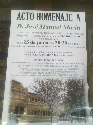 Cartel anunciador del homenaje a D. Jose Manuel Marín el 25 de Junio de 2010
