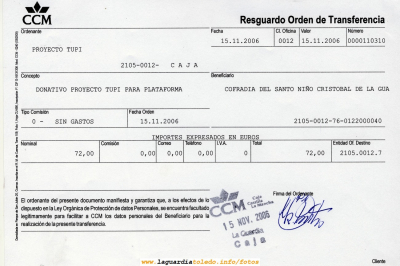 Donación de 72 € que Proyecto Tupi hace a la Cofradía del Santo Niño por la venta de DVD'S de las actuaciones del festival de Homiguar
Se han vendido en total 18 DVD's dobles (36 DVD's), ingresándose 144 €, de los cuales 72 € son de gastos de producción y [b]72 € van como donativo. Estos 72 € unidos a los 121€ de la campaña de venta de DVD's de las actuaciones de Castilla la Mancha hacen que ya hayamos donado a la Cofradía 193€ (32112 ptas) para financiar las obras de la Plataforma. Recordar también que en las Navidades pasadas Proyecto Tupi donó a Manos Unidas 372 € (61895 ptas) por la venta de DVD's del festival Navideño. Gracias a todos por vuestra colaboración[/b]
