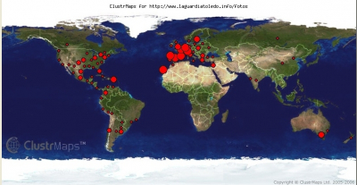 Mapa de visitas a nivel mundial de Proyecto Tupi a Marzo de 2007
Respecto a la foto de puntos del anterior mapa ([url=http://www.laguardiatoledo.info/fotos/displayimage.php?pos=-1810][color=navy][i][b]Mapa de visitas de Octubre de 2006[/b][/i][/color][/url].[/b]) hemos aumentado mucho la presencia en Centro y Sudamérica, China, Israel y Australia
