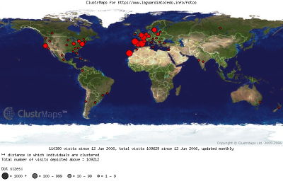 Origen geográfico de las visitas a 02-09-2006
Aparecen nuevos puntos con respecto al mapa anterior (04-08-06), en Brasil, Colombia, Israel, zona de los Balcanes, USA, India, etc.
