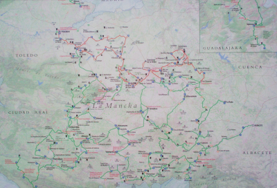 Ruta completa de Don Quijote
Aquí está el mapa de la ruta de Don Quijote completa, pasa por muchísimos pueblos de Castilla La Mancha. Esta ruta se pude hacer  andando, en bici o a caballo, según lo estipulado en la Junta de Comunidades.
Keywords: ruta don quijote