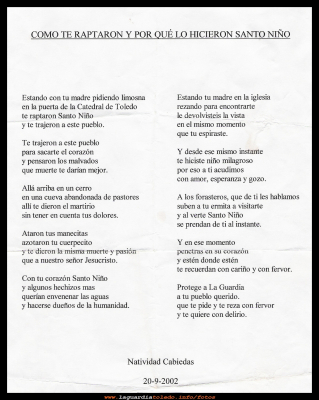Como te raptaron
Poesia dedicada al Santo Niño, de Nati Cabiedas
Keywords: Poesia Nati Cabiedas
