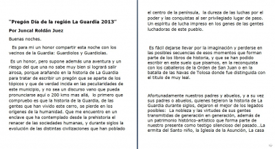 Página 1. Pregón de de Dña. Juncal Roldán Juez en las fiestas de Castilla la Mancha 2013
