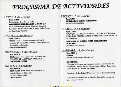 Contraportada del programa de mano de La Semana de la Mujer 2008, en donde aparece el programa de actividades durante dicha semana (3-9 Marzo)
