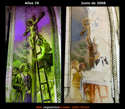 Fescos alegóricos al Santo Niño en la Puerta del Rapto en Toledo. Como se verá el tiempo pasa factura....
