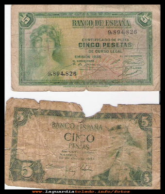 5 pesetas
Cinco pesetas, de dos épocas distintas de España, una del año 1935, y la otra del 1954.
Keywords: Cinco pesetas