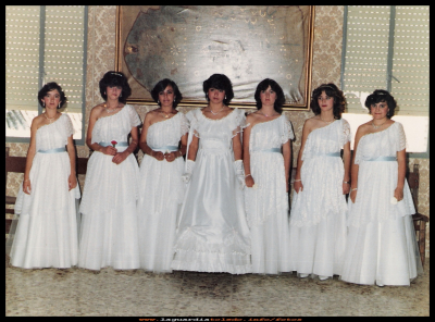 Reina y damas del año 1984
Reina y Damas de las fiestas del año 1984, de izquierda a derecha, Gema, Geles, Isabel, Ana, Pauli, Eva y Geles. 

Keywords: Reina y Damas