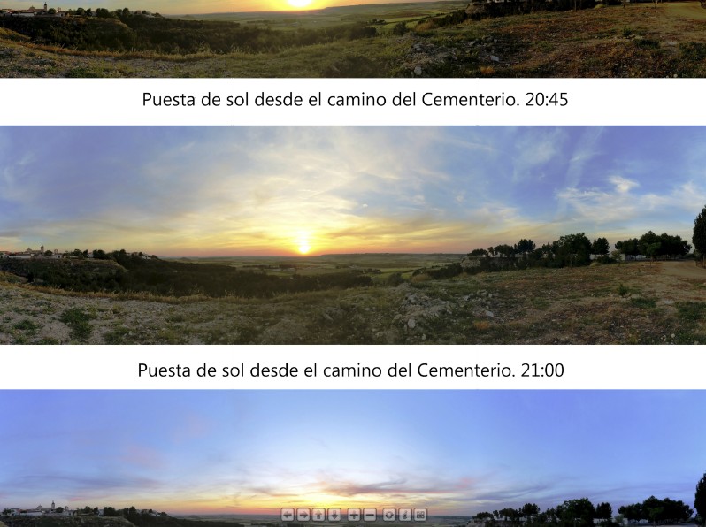 Evolución de la puesta de sol desde camino del Cementerio en 3 momentos: 20:45 21:00 y 21:15 en el formato de visualización interactivo con controles. 10-5-2015
